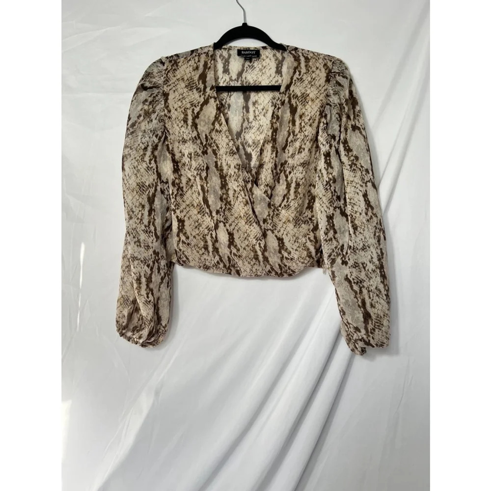 Bardot Women's Brown Snake Print Long Sleeve Sheer Cropped Blouse Size 4